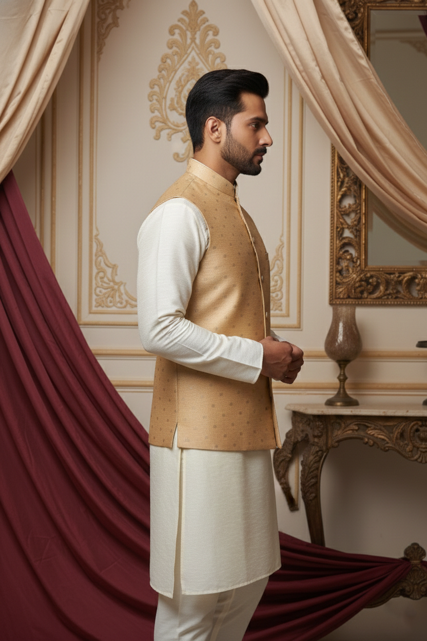 Men’s Beige Dotted Nehru Jacket with Ivory Kurta Pajama
