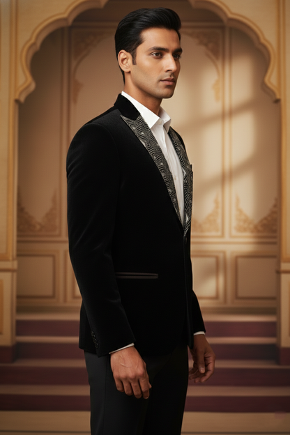 Midnight Black Velvet Blazer with Geometric Embroidered Lapels , Slim Fit Indo-Western Tuxedo