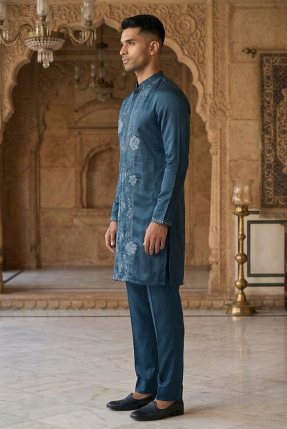 Men's Teal Silk Pintuck Partywear Kurta Pajama