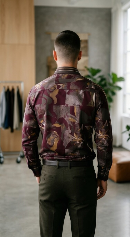 Men'sDesigner Slim-Fit Abstract Mosaic Print Shirt , Burgundy & Olive Ochre