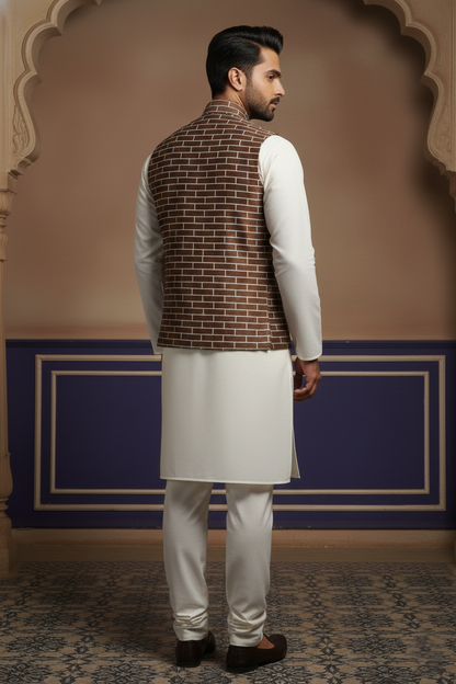 Men’s Brown Nehru Jacket with White Line Pattern | Ethnic Mandarin Collar Waistcoat for Festive & Formal Wear