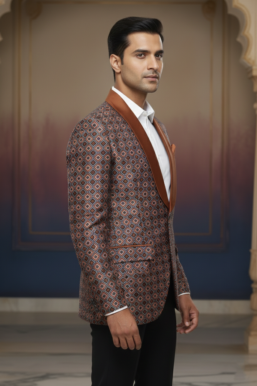 Geometric Diamond-Pattern Jacket with Satin Lapels