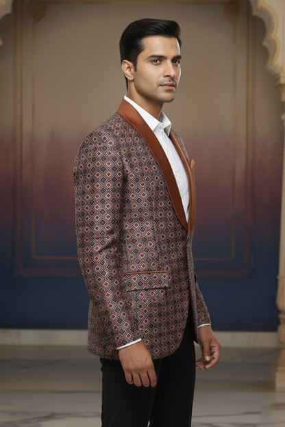 Geometric Diamond-Pattern Jacket with Satin Lapels