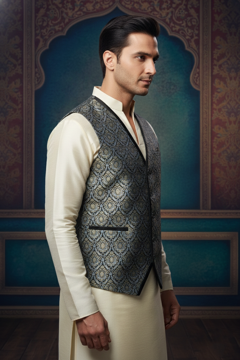 Men's Luxury Jacquard Banarasi Silk Waistcoat | Slim Fit V-Neck Ethnic Jacket for Wedding, Party & Festive Wear | Premium Floral Brocade Design