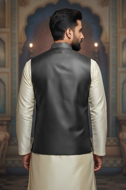 Men's Charcoal Grey Dotted Nehru Jacket – Slim Fit Metallic Ethnic Waistcoat for Weddings & Receptions