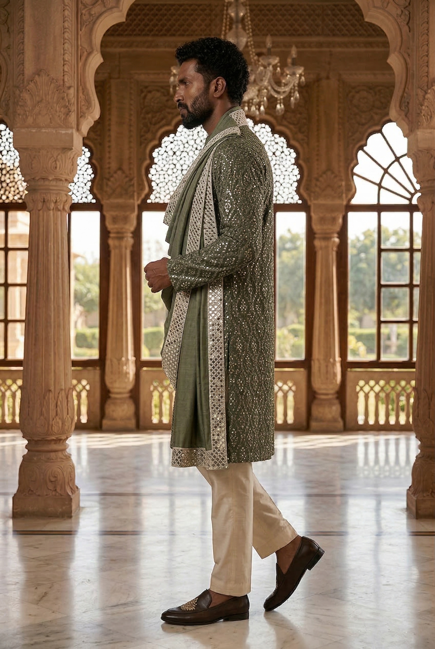 Men's Olive Mirror Work Designer Kurta Pajama with Stole