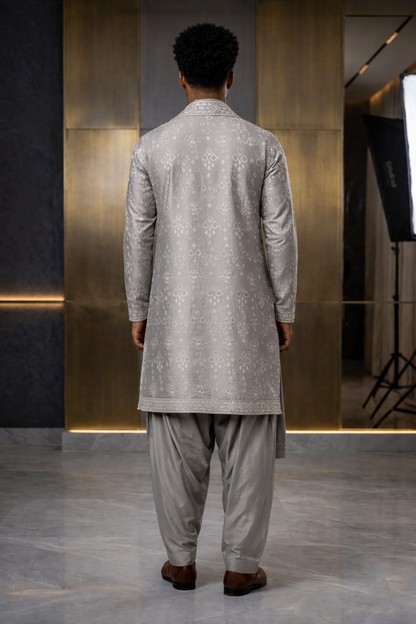 Men'sSilver Silk Designer Kurta Pajama with Stole