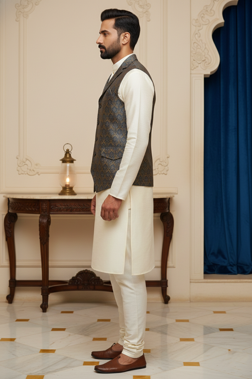 Men’s Navy Blue Brocade Nehru Jacket | Ethnic Wedding Festive Party Wear Mandarin Collar Sleeveless Waistcoat for Kurta & Indo-Western Outfit