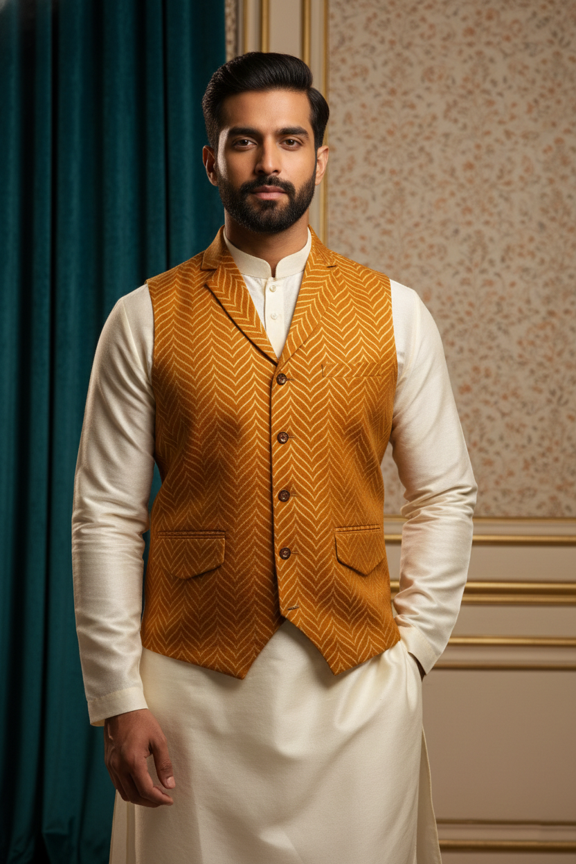 Men’s Mustard Brocade Nehru Jacket | Ethnic Wedding Festive Party Wear Sleeveless Waistcoat with Mandarin Collar for Kurta & Indo Western Outfit