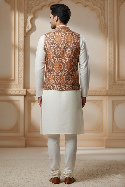 Men's Tan & Brown Damask Brocade Nehru Jacket – V-Neck Lapel Wedding Waistcoat | Ethnic Party Wear Modi Jacket