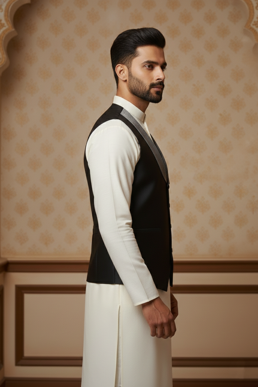 Modern Black Shawl Lapel Waistcoat with  Cream Kurta Set