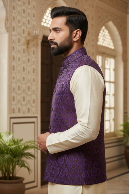 Purple Brocade Nehru Jacket with Cream Kurta Set