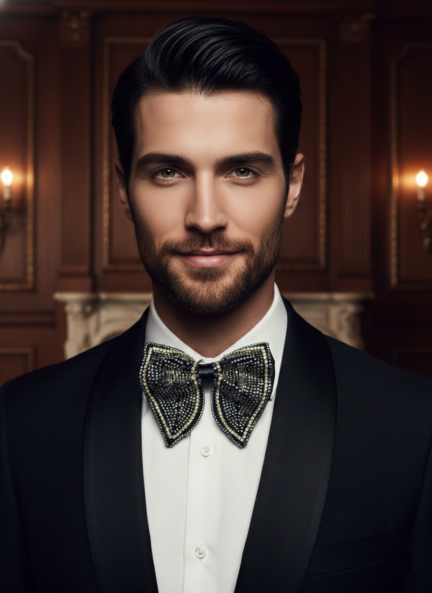 Elite Hand-Beaded Silver Butterfly Statement Bow Tie