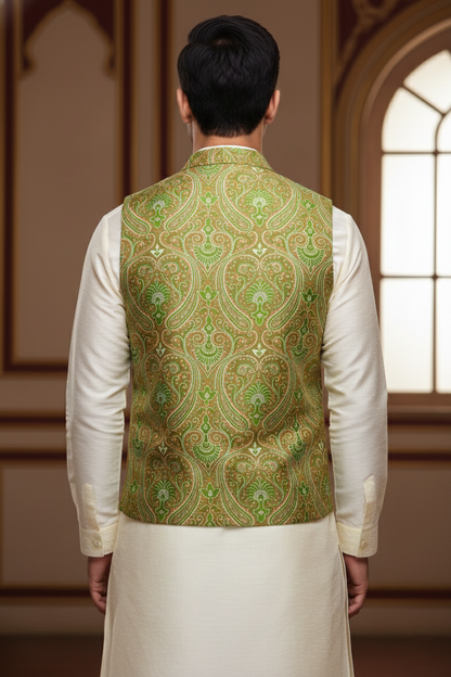 Men’s Green Brocade Nehru Jacket | Ethnic Wedding Festive Party Wear Mandarin Collar Sleeveless Waistcoat for Kurta & Indo-Western Outfit