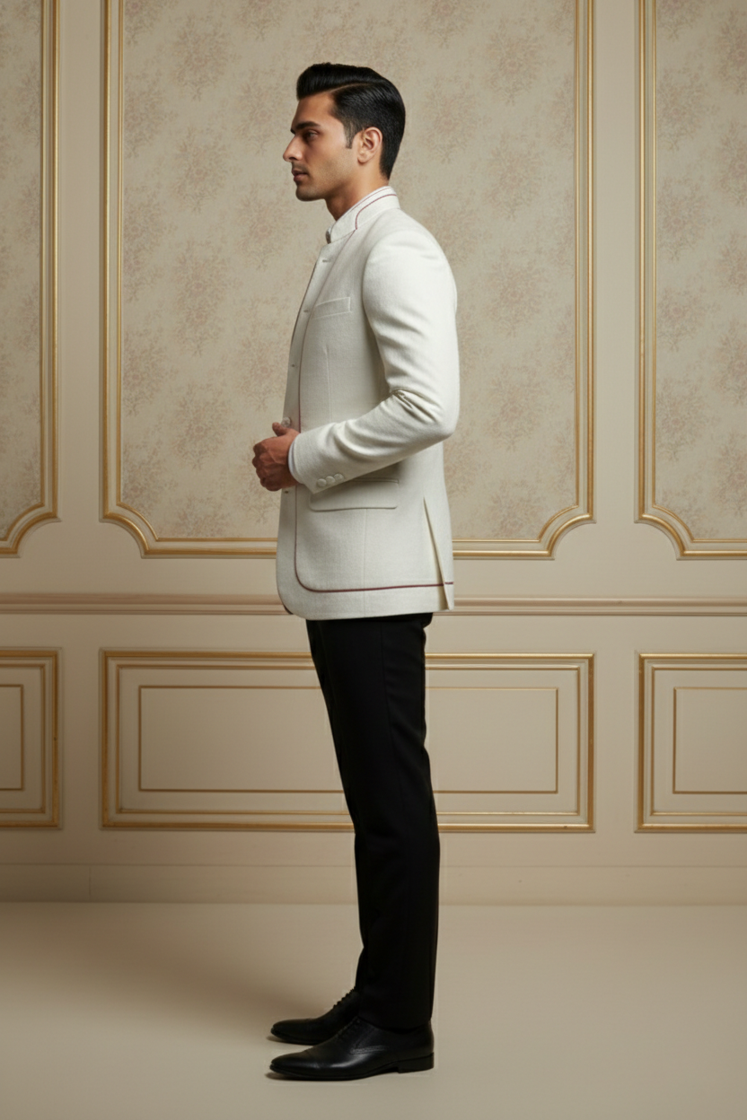 Men's Off-White Mandarin Collar Blazer with Rose  Piping