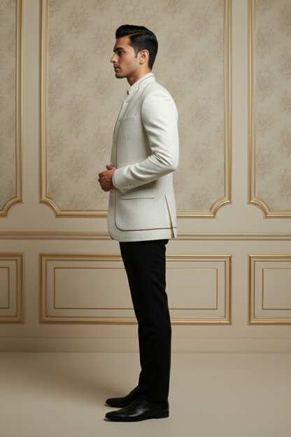 Men's Off-White Mandarin Collar Blazer with Rose  Piping