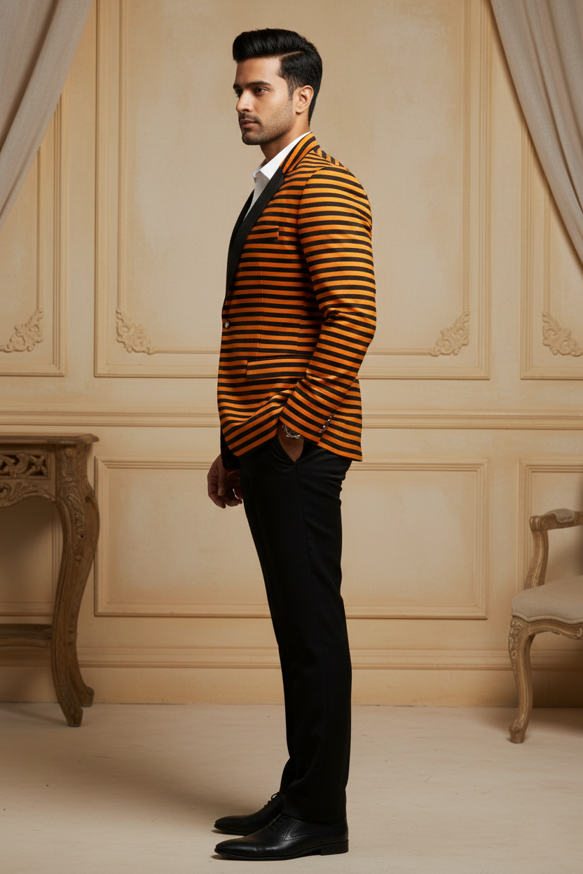 Orange & Black Striped Sculpted-Lapel Blazer