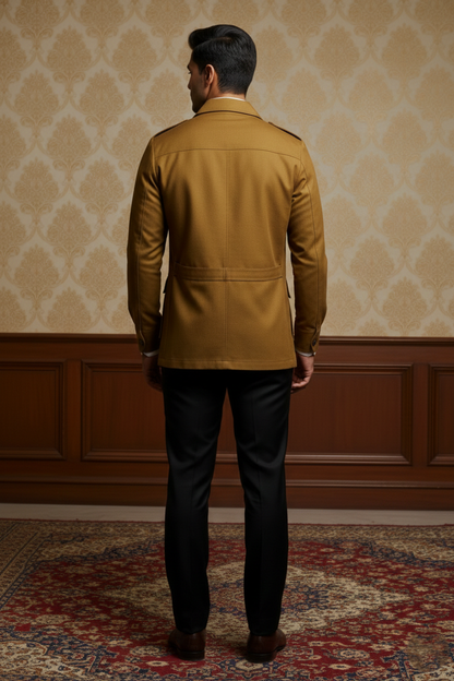 Men'sPremium Mustard Yellow Safari Jacket , Slim-Fit Cotton-Blend Utility Blazer with Cargo Pockets