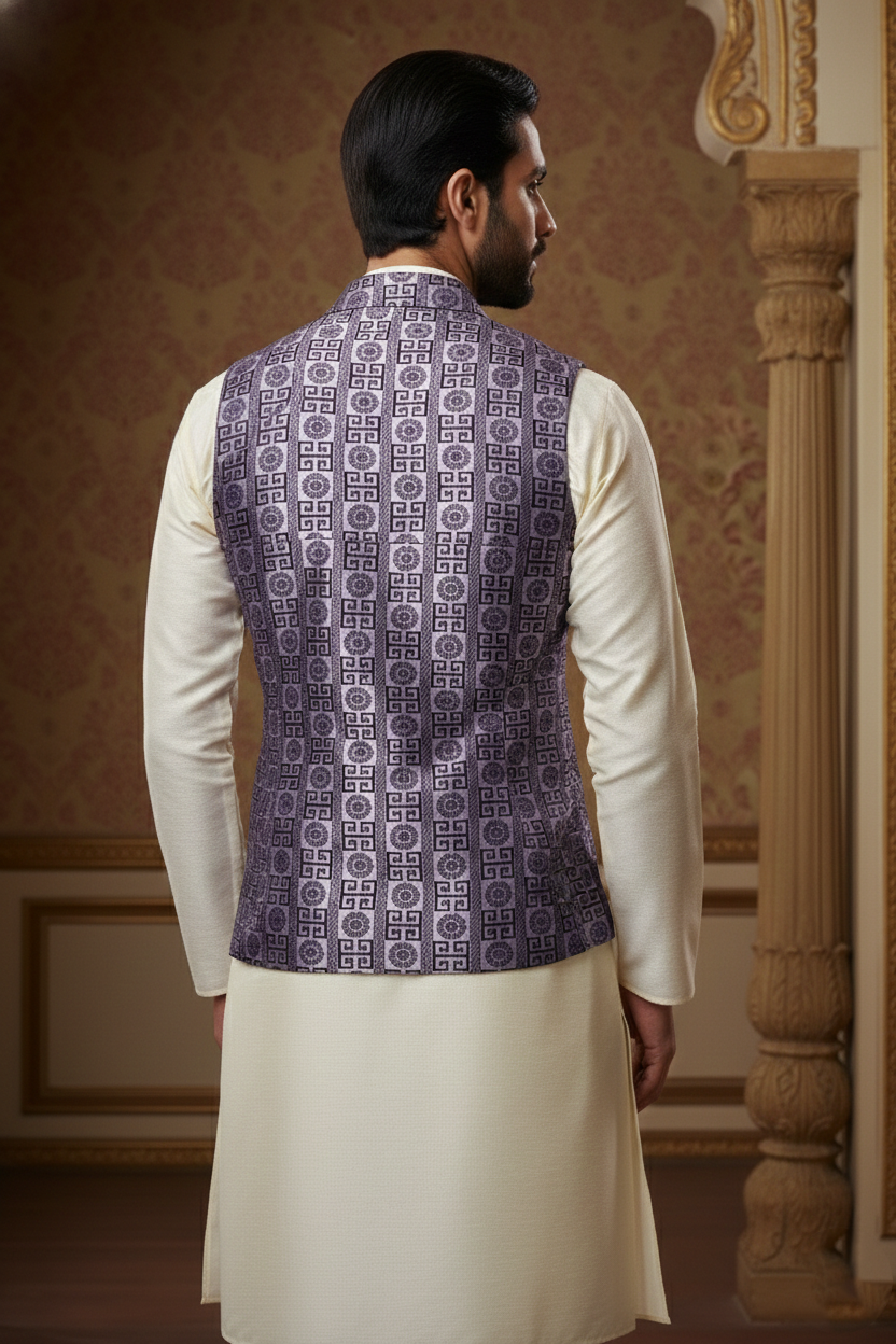 Men’s Lavender Designer Printed Waistcoat | Slim Fit Party & Festive Vest