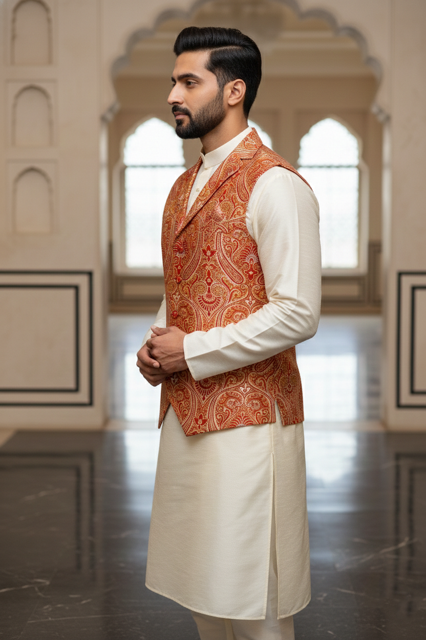 Royal Rust & Gold Paisley Silk Nehru Jacket with Notch Lapel