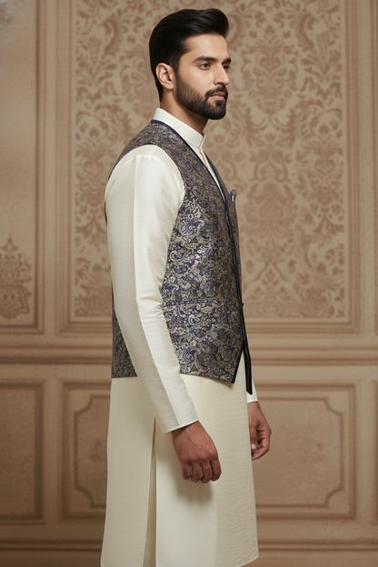 Blue Paisley Jacquard Waistcoat with Cream Silk  Kurta Set