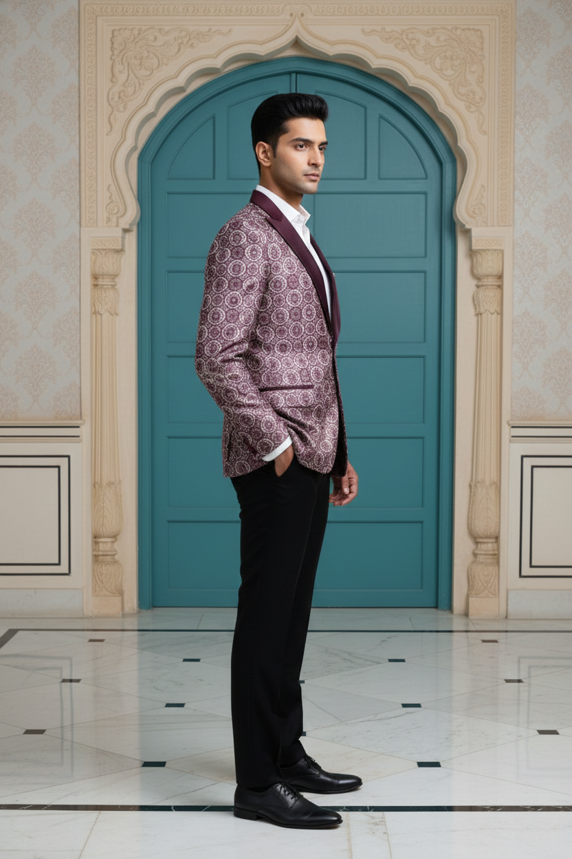 Men'sPremium Wine Geometric Jacquard Tuxedo Blazer with Satin Peak Lapels