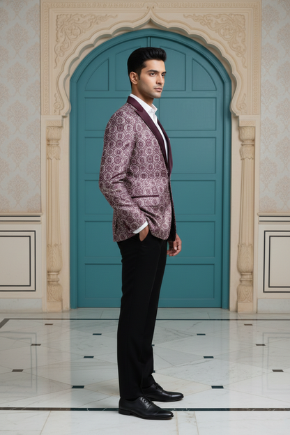Men'sPremium Wine Geometric Jacquard Tuxedo Blazer with Satin Peak Lapels