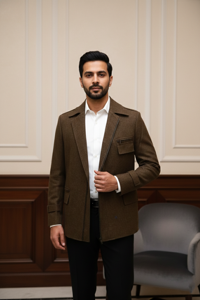 Men's Premium Brown Jacquard Textured Blazer Jacket