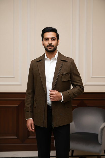 Men's Premium Brown Jacquard Textured Blazer Jacket