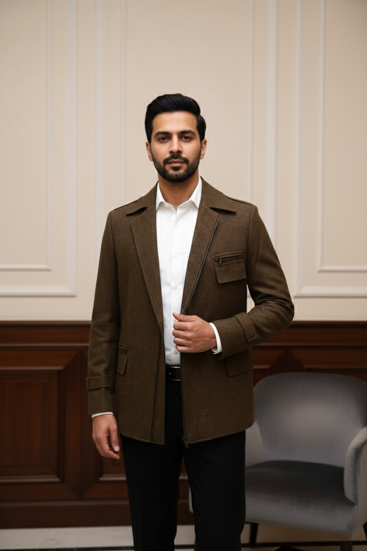 Men's Premium Brown Jacquard Textured Blazer Jacket