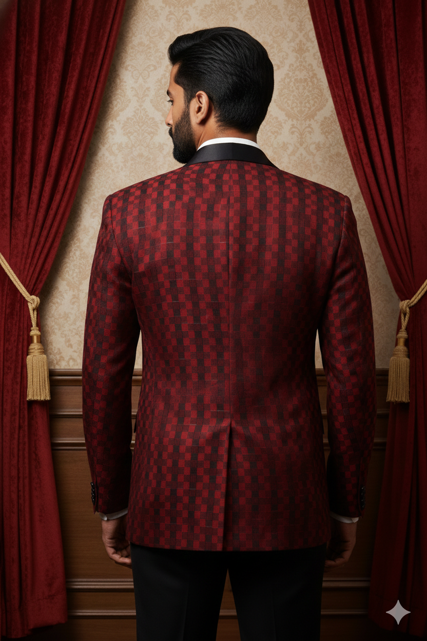 Men's Luxury Maroon & Black Checkered Jacquard Blazer