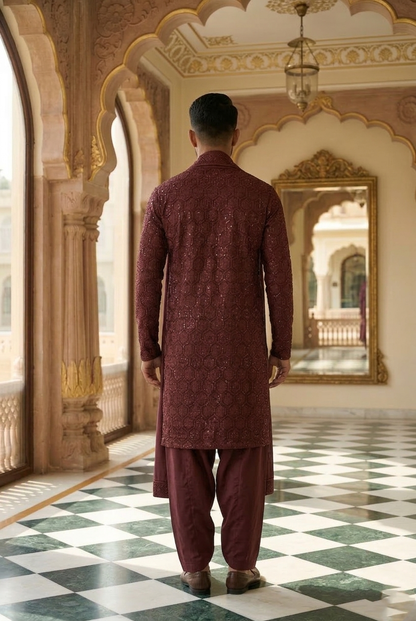 Men's Wine Geometric Sequin Designer Kurta Pajama
