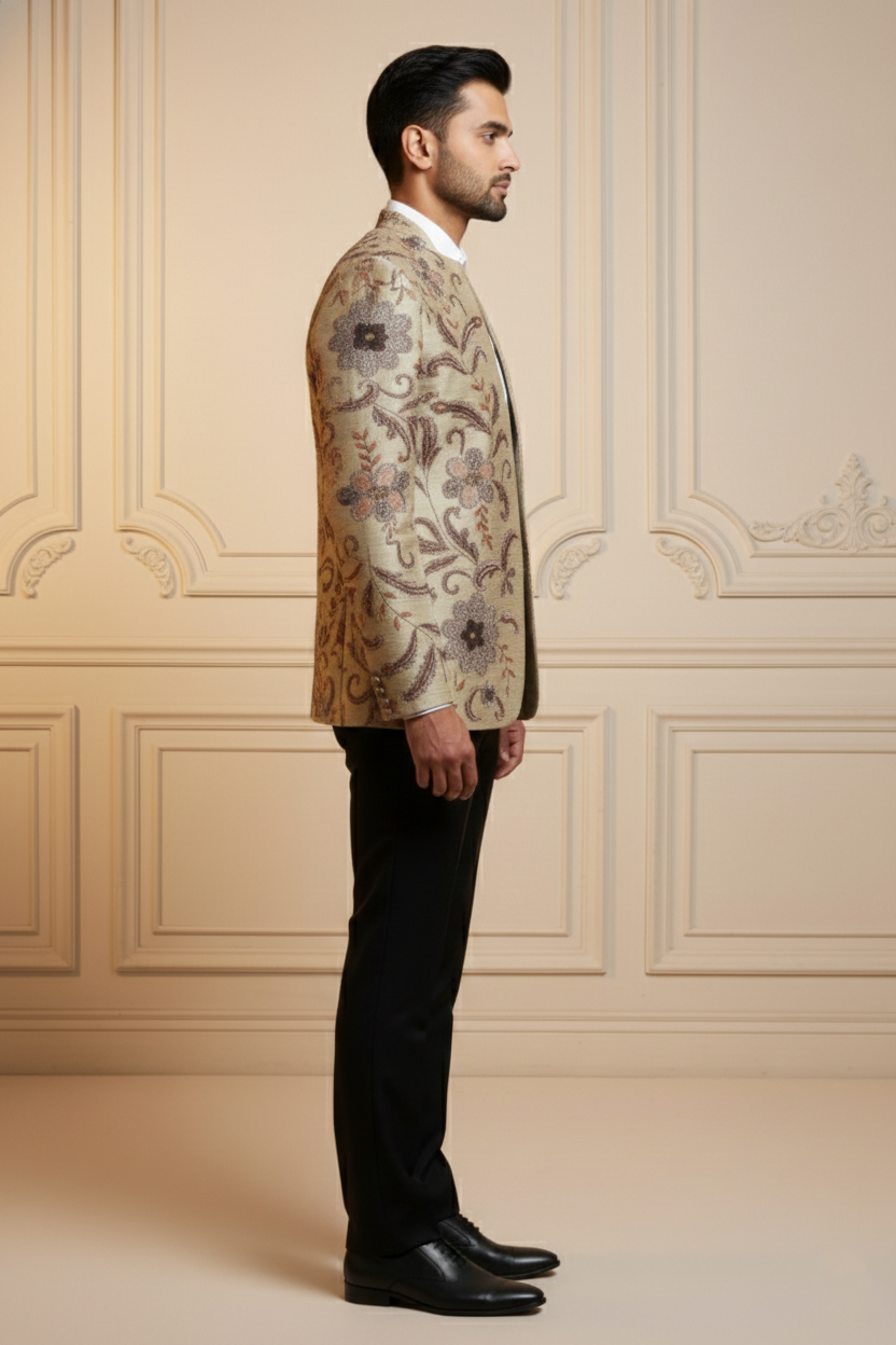 Men'sPremium Champagne Gold Jacquard Silk Blazer