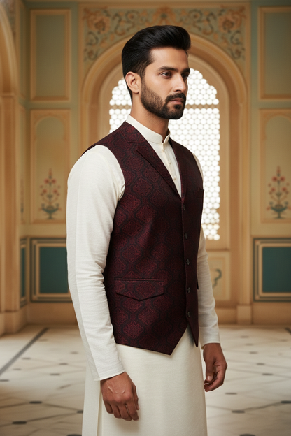 Men’s Dark Red Jacquard Silk Waistcoat with Notch Lapel | Slim Fit Festive Vest