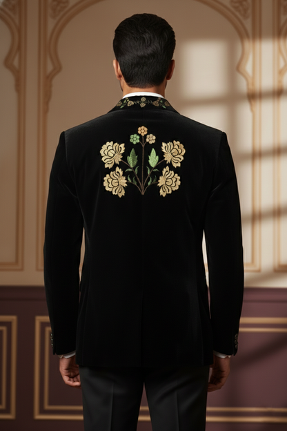 Men'sBlack Velvet Floral Embroidered Blazer