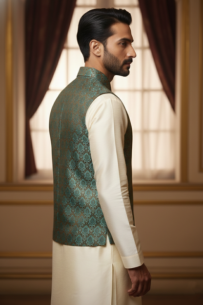 Men’s Teal Green Brocade Nehru Jacket | Ethnic Wedding Festive Party Wear Mandarin Collar Sleeveless Waistcoat for Kurta & Indo-Western Outfit