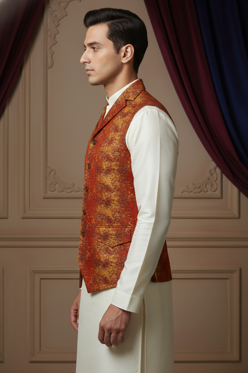 Men's Premium Banarasi Silk Textured Waistcoat in Burnt Orange and Gold