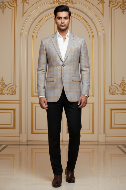 Men's Premium Beige & Gold Jacquard Checkered Blazer