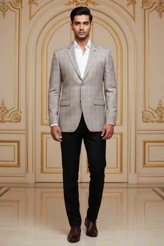 Men's Premium Beige & Gold Jacquard Checkered Blazer