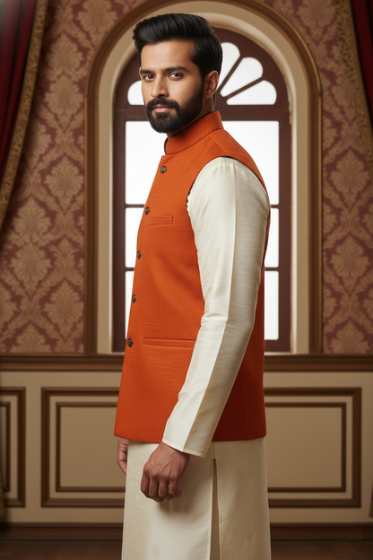 Men’s Rust Orange Nehru Jacket with Ivory Kurta