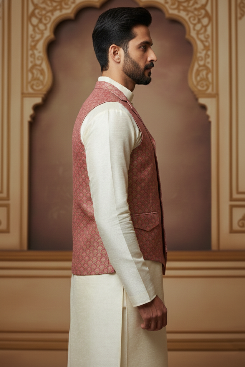 Men’s Pink Jacquard Waistcoat & Cream  Kurta Set