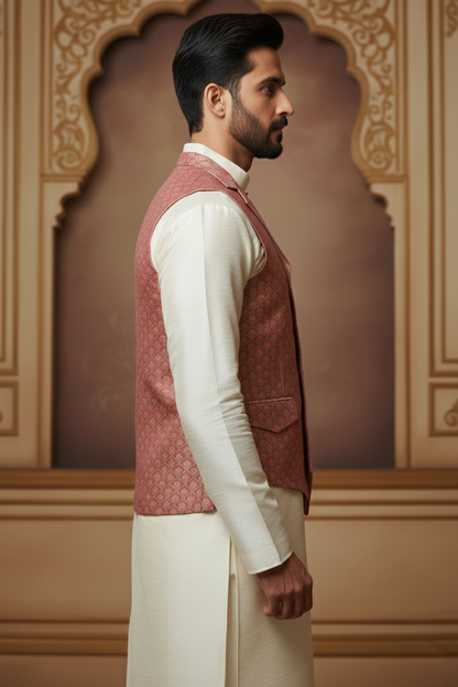 Men’s Pink Jacquard Waistcoat & Cream  Kurta Set