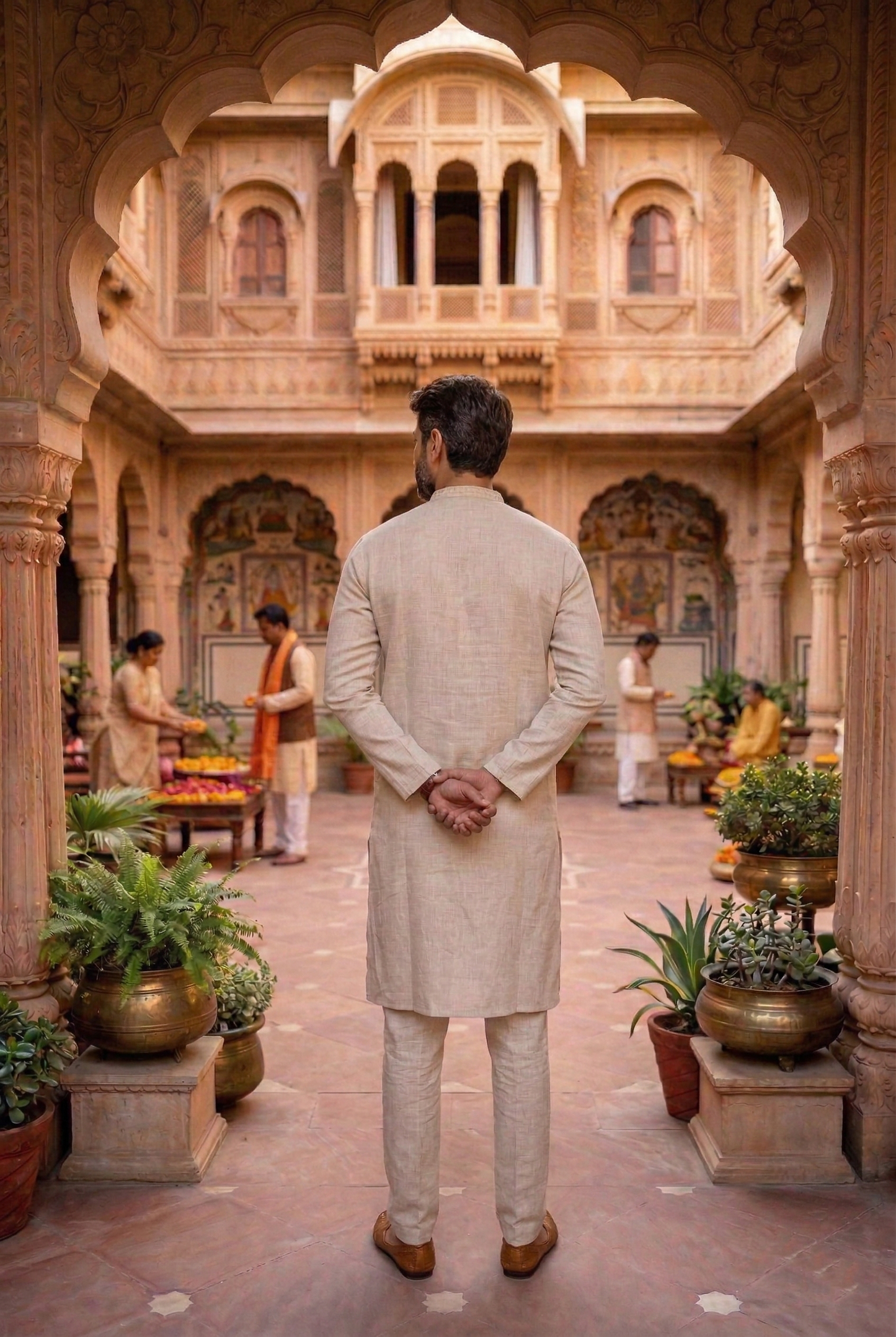 Men's Beige Cotton Linen Plain Kurta Pajama Set