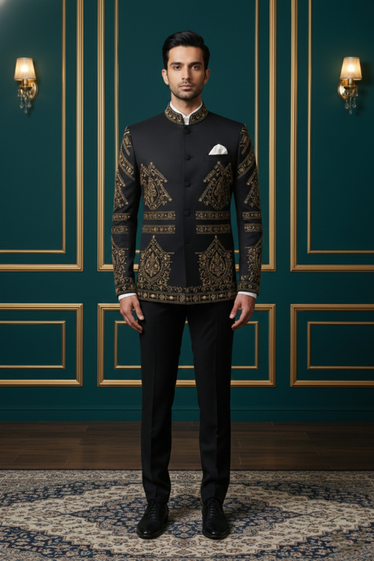 Royal Black Embroidered Jodhpuri Bandhgala Suit , Premium Ethnic Wedding Wear for Men