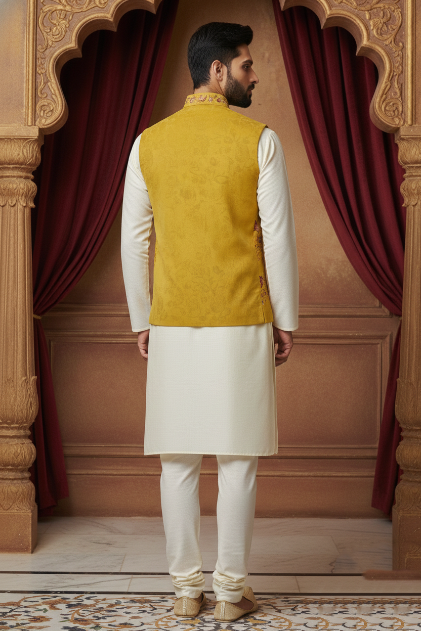 Men’s Mustard Floral Embroidered Nehru Jacket