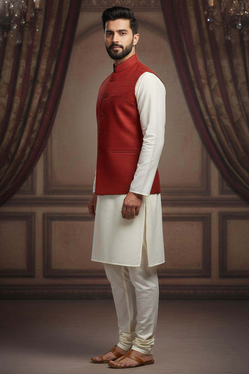 Classic Red Nehru Jacket with Cream Kurta Set