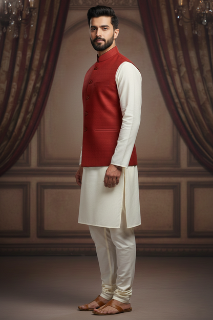 Classic Red Nehru Jacket with Cream Kurta Set