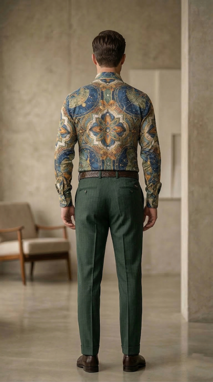 Designer Men'sMaritime Celestial Print Shirt , Deep Sea Teal & Ochre Compass Mandala Motif