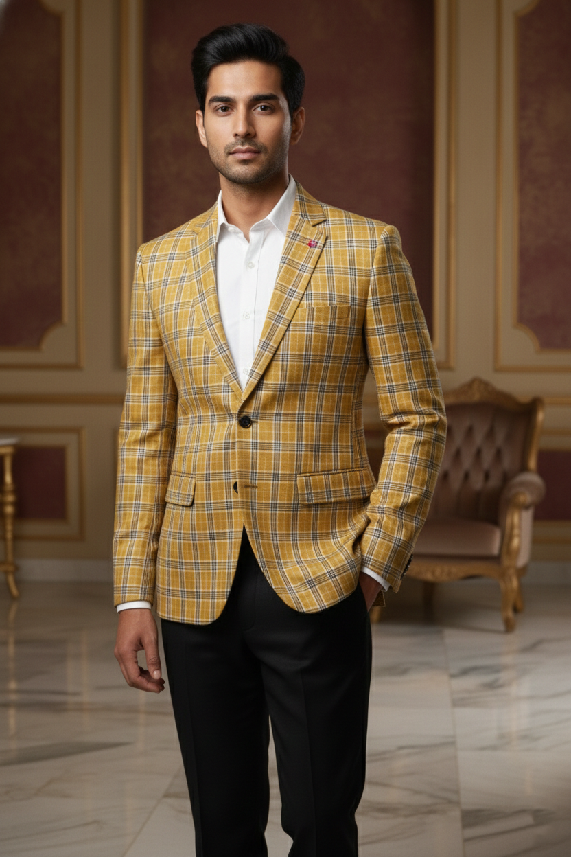 Mustard Yellow Plaid Double-Breasted  Blazer