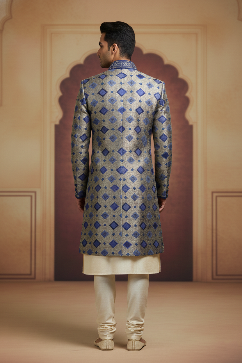 Gold Sherwani with Blue Motifs